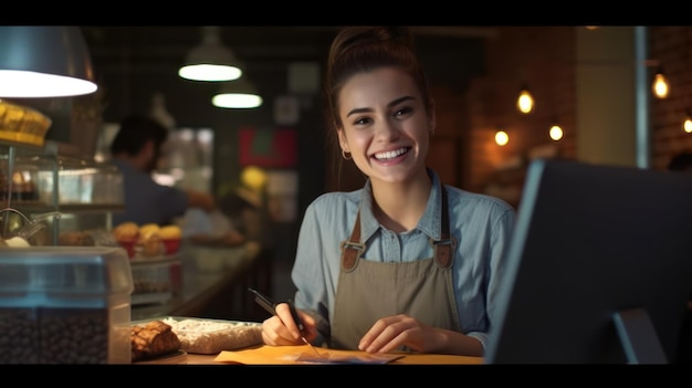 Een vrouw aan het werk aan een balie met een menukaart voor zich.