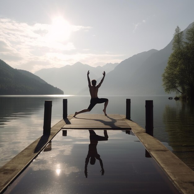 Foto een vrouw beoefent yoga op een achtergrond van bergen en een uitzicht op de hemel