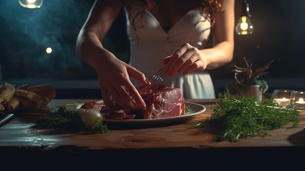 Een vrouw bereidt een stuk vlees in een donkere keuken.