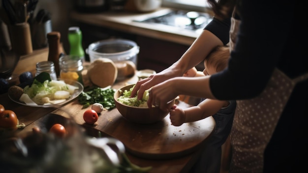 Een vrouw bereidt eten in een keuken.