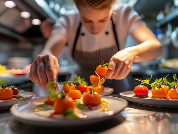 Foto een vrouw bereidt eten voor in een keuken.