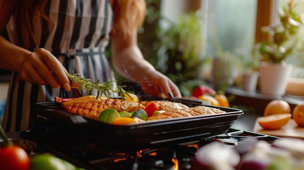 een vrouw braait vlees en groenten op een elektrische grill