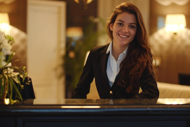 Een vrouw die aan een bureau in een hotel zit