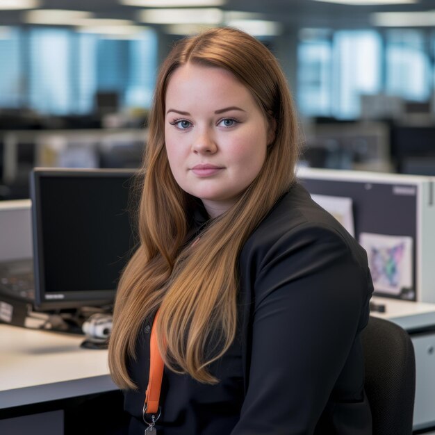 een vrouw die aan een bureau in een kantoor zit