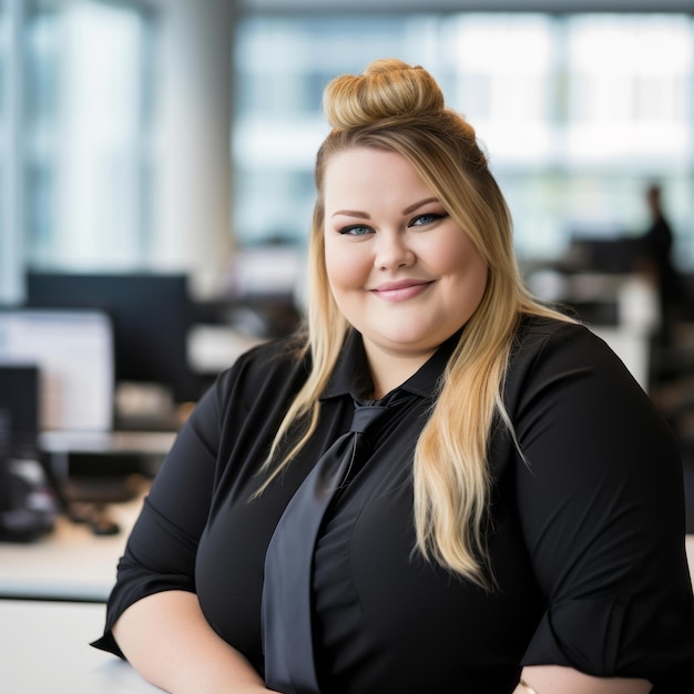 een vrouw die aan een bureau in een kantoor zit