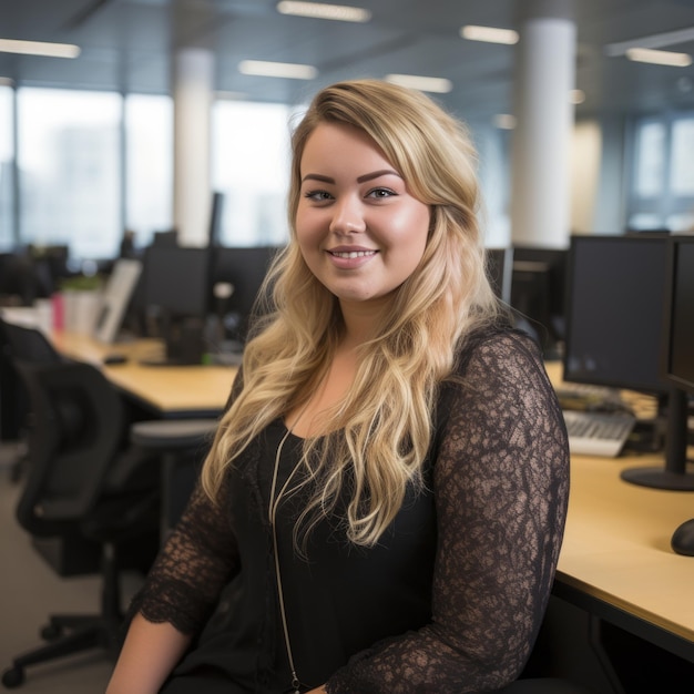 een vrouw die aan een bureau in een kantoor zit