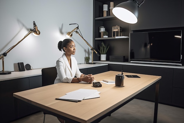 Een vrouw die aan een bureau zit in een kantoor Generative Ai