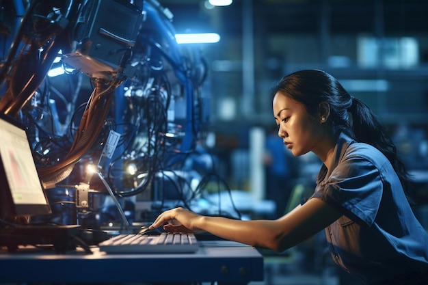 een vrouw die aan een computer werkt in een fabriek