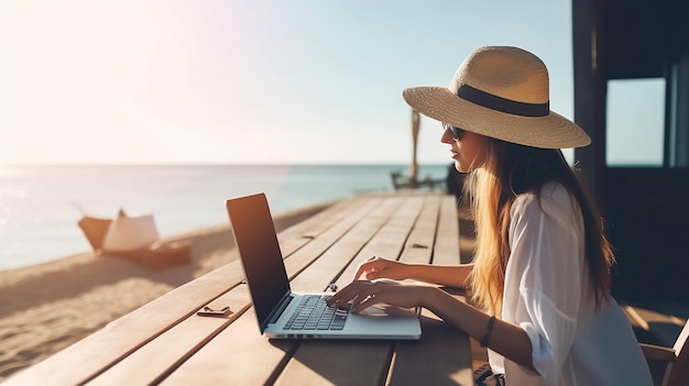 Een vrouw die aan een laptop op een strand werkt