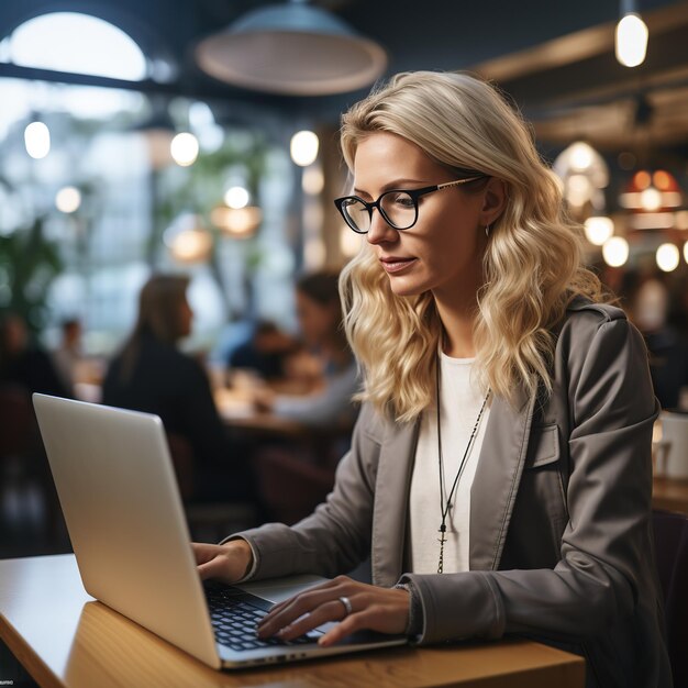 Een vrouw die aan een laptop werkt in een koffiebar