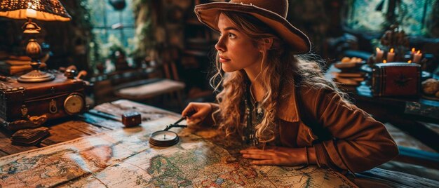 Foto een vrouw die aan een tafel zit en naar een kaart kijkt