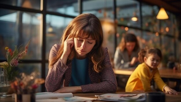 Foto een vrouw die aan een tafel zit en op een mobiele telefoon praat