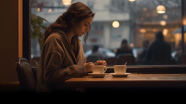 Een vrouw die aan een tafel zit met een kop koffie Generatieve AI