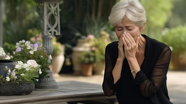 Een vrouw die aan een tafel zit met haar handen op haar gezicht