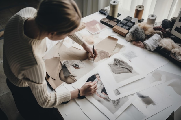 Een vrouw die aan een tafel zit te werken aan een generatief ai-kunstwerkbeeld