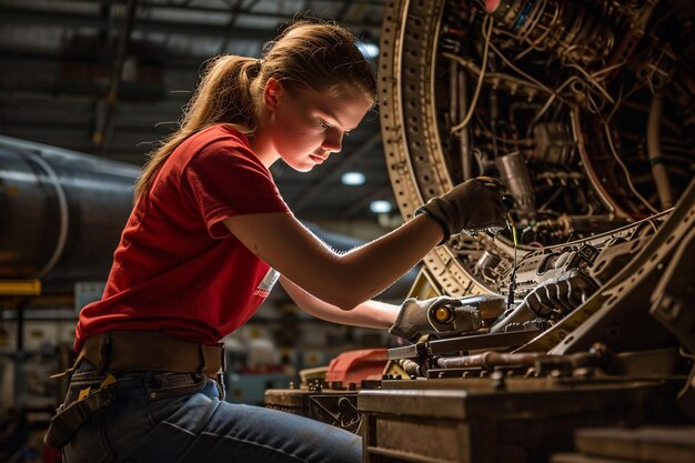 Een vrouw die aan een vliegtuigmotor werkt Generatieve AI