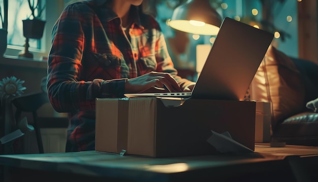 een vrouw die aan haar laptop werkt in een donkere kamer