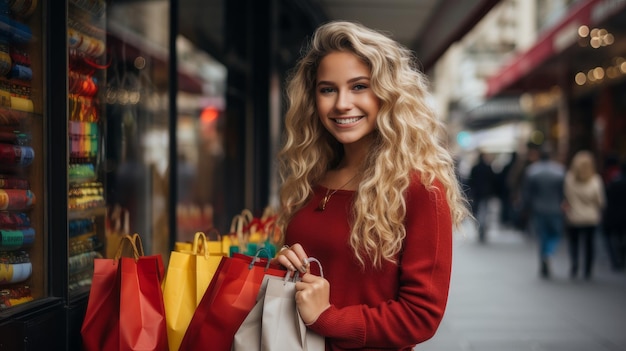 een vrouw die aan het winkelen is, gaat tegen de achtergrond van winkels