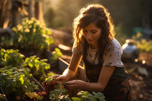 een vrouw die bessen plukt van een tuinbed