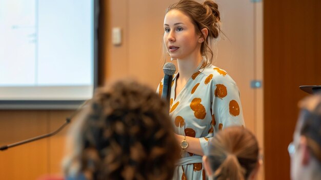 een vrouw die bij een presentatie met een microfoon spreekt