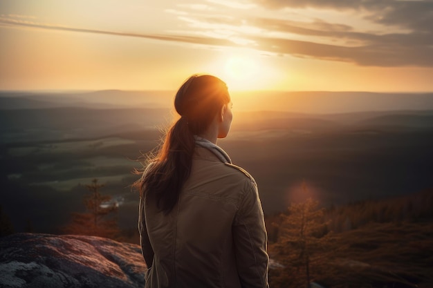 Een vrouw die bovenop een berg staat bij zonsondergang generatieve AI