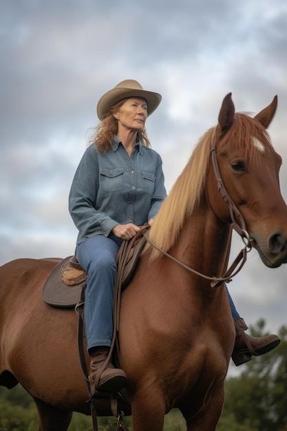 Een vrouw die buiten op een paard zit, gemaakt met generatieve AI