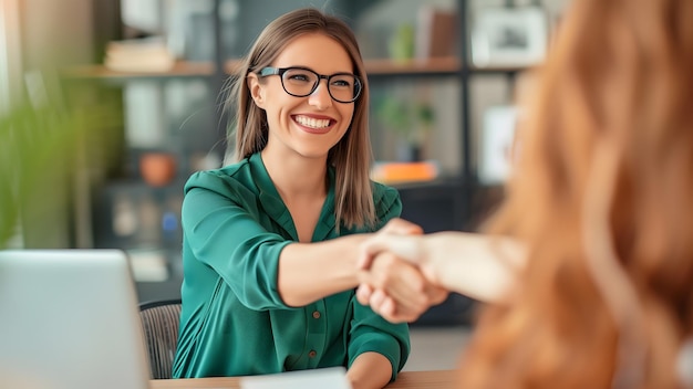 Foto een vrouw die de hand schudt met een collega die een werkkandidaat en een succesvol interview toont