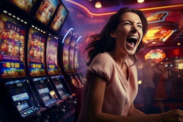 een vrouw die de jackpot wint op een gokautomaat