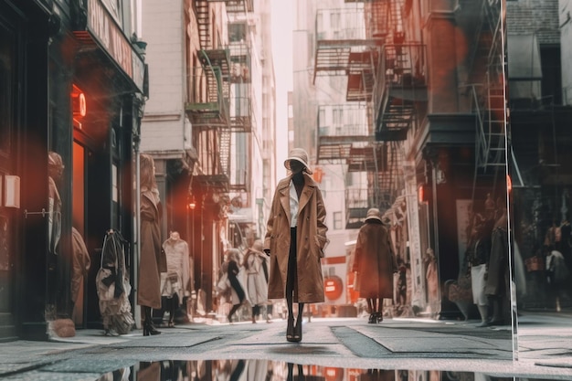 Een vrouw die door een stadsstraat loopt in een regenjas Generatief AI-beeld