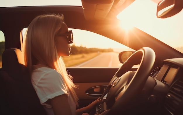 Foto een vrouw die een auto bestuurt terwijl de zon op haar gezicht schijnt.