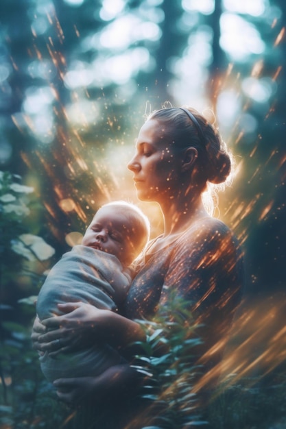 Een vrouw die een baby vasthoudt in een bos Generatief AI-beeld