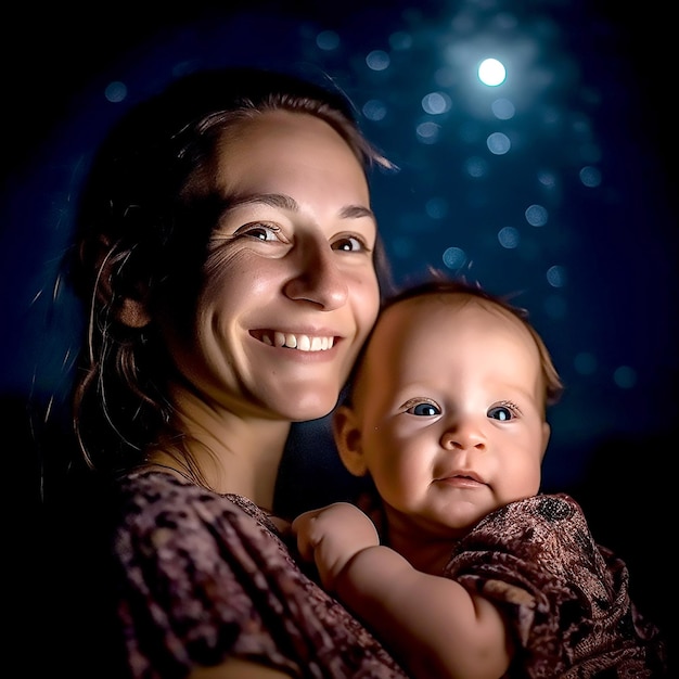 Een vrouw die een baby vasthoudt met de achtergrond van sterren op de achtergrond.