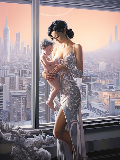 Een vrouw die een baby vasthoudt, staat naast een raam met een stadsgezicht op de achtergrond.