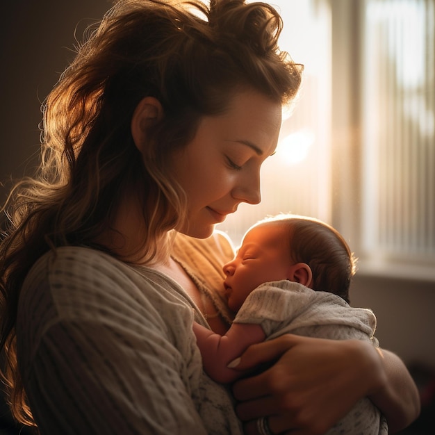 Een vrouw die een baby vasthoudt terwijl de zon door het raam schijnt.