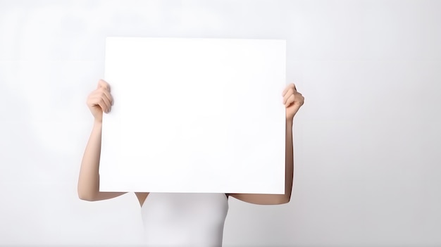 Een vrouw die een blanco wit papier voor haar gezicht houdt