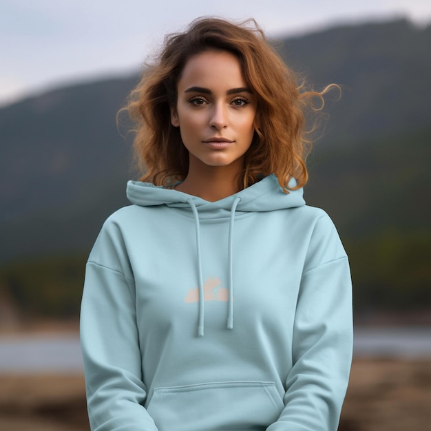 een vrouw die een blauwe hoodie draagt met het woord "h" erop.