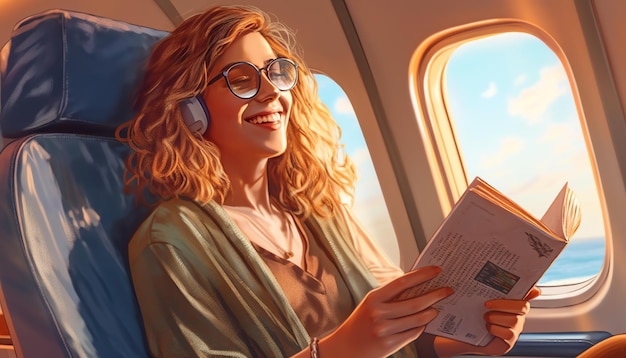 Een vrouw die een boek leest in een vliegtuig
