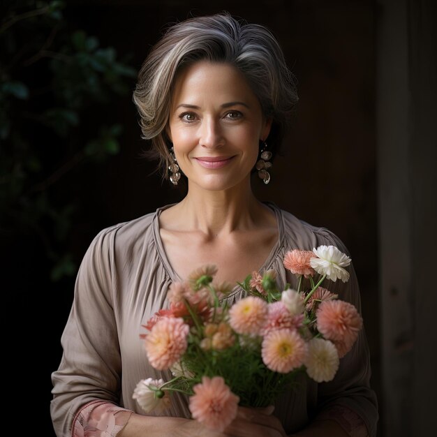 een vrouw die een boeket bloemen vasthoudt voor een deur.