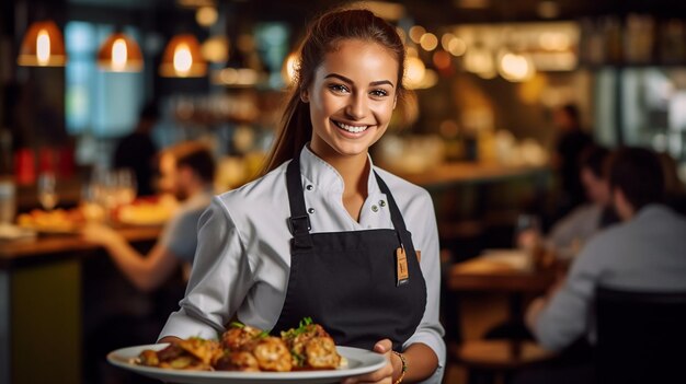 Een vrouw die een bord eten vasthoudt in een restaurant.