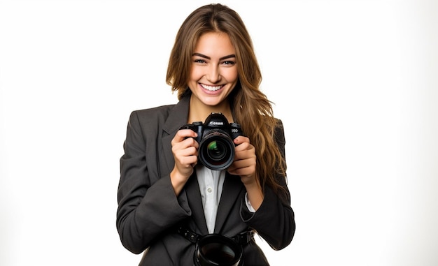 een vrouw die een camera vasthoudt met een camera in haar handen