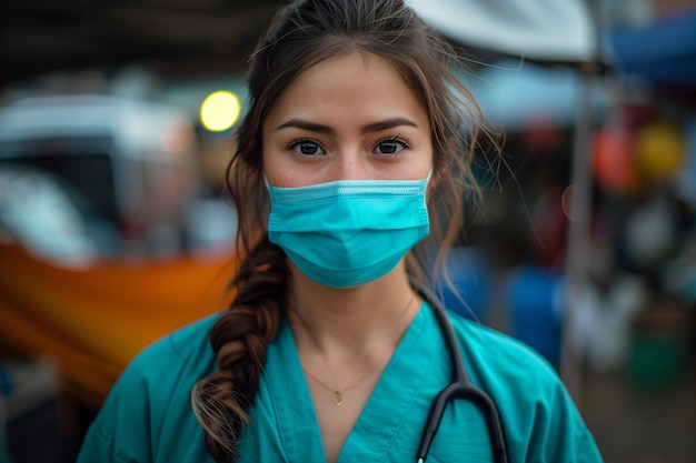 Foto een vrouw die een chirurgisch masker draagt met een stethoscoop op haar gezicht