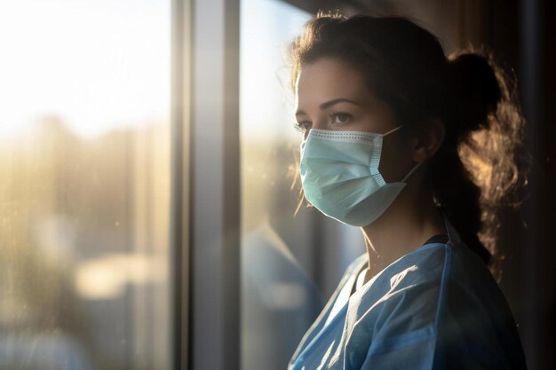 een vrouw die een chirurgisch masker draagt met het gezichtsmasker aan