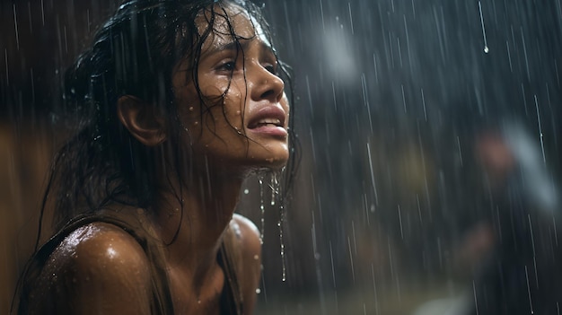 Een vrouw die een emotioneel ontladingsmoment heeft in zware regen gevuld met angstige smart pijn hopeloos