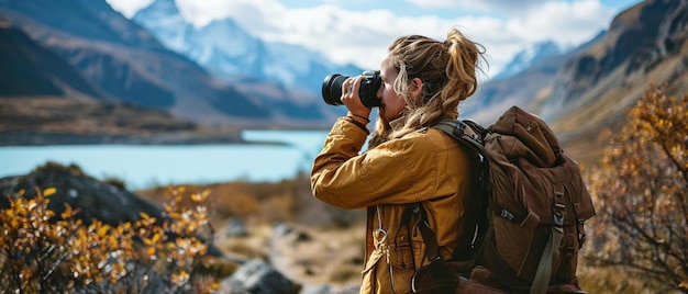 Foto een vrouw die een foto maakt van een meer met een camera