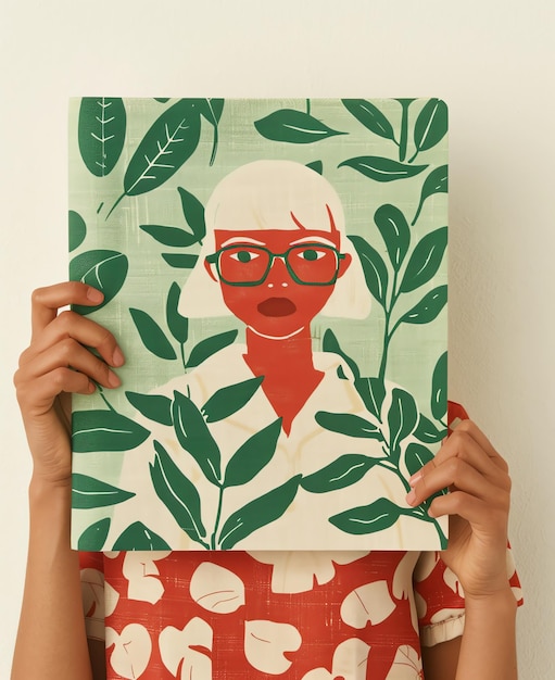 een vrouw die een foto van een vrouw vasthoudt met een groene en witte afdruk erop