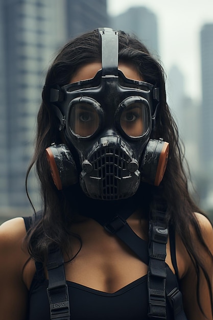 een vrouw die een gasmasker draagt