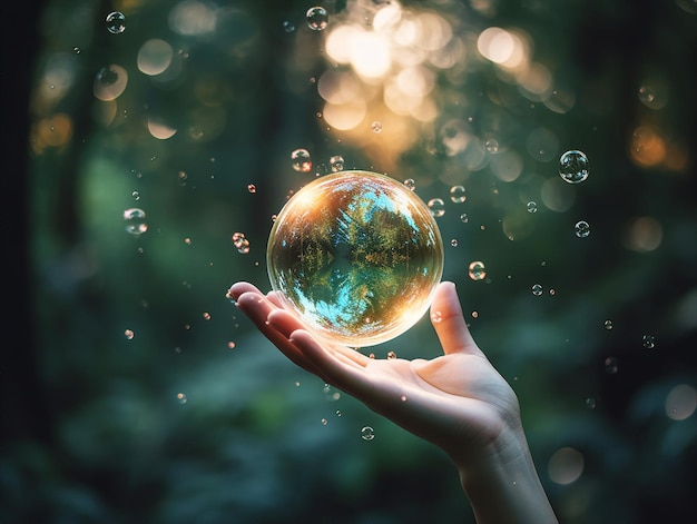 een vrouw die een glazen bol vasthoudt met de wereld op de achtergrond