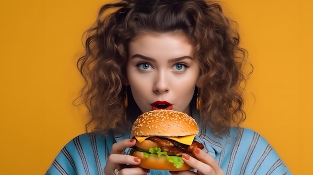 Een vrouw die een hamburger eet met een gele achtergrond.