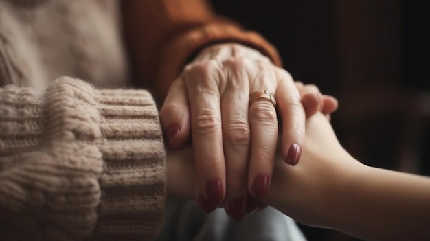 Foto een vrouw die een hand van een oudere vrouw vasthoudt.