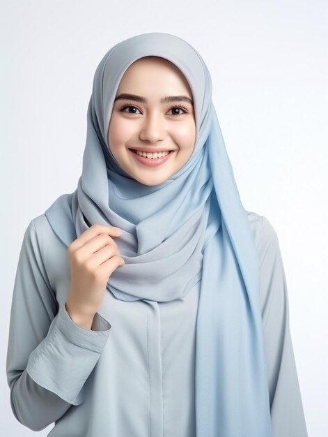 een vrouw die een hijab draagt met een blauw shirt aan